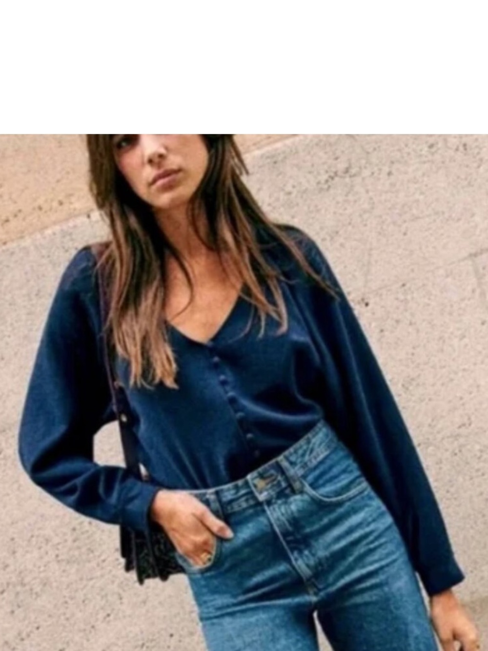 Sezane Erica Shirt Covered Button Front Navy Blue Size 36 US 4